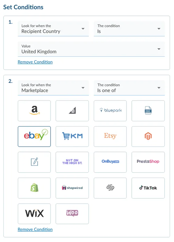 A gif showing how you select eBay and DPD when creating rules