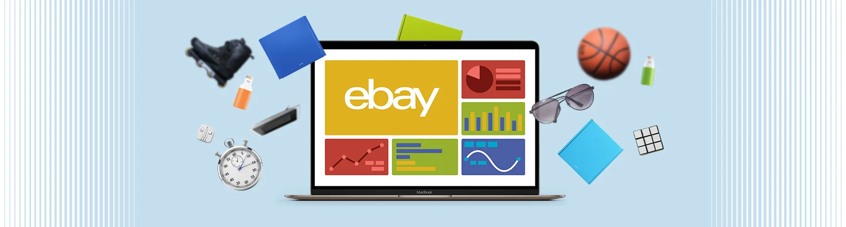 Laptop with eBay logo and animated miscellaneous objects around it 