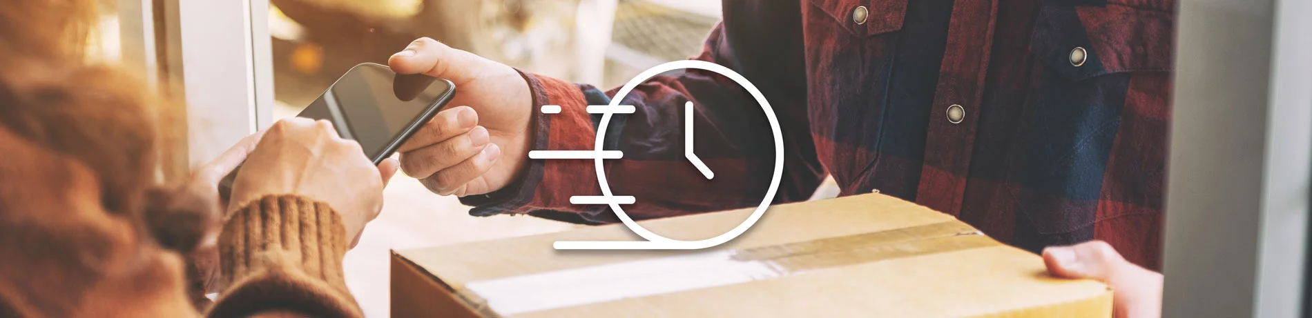 Man handing box to person through doorway as they sign small tablet - image is overlayed with a clock icon