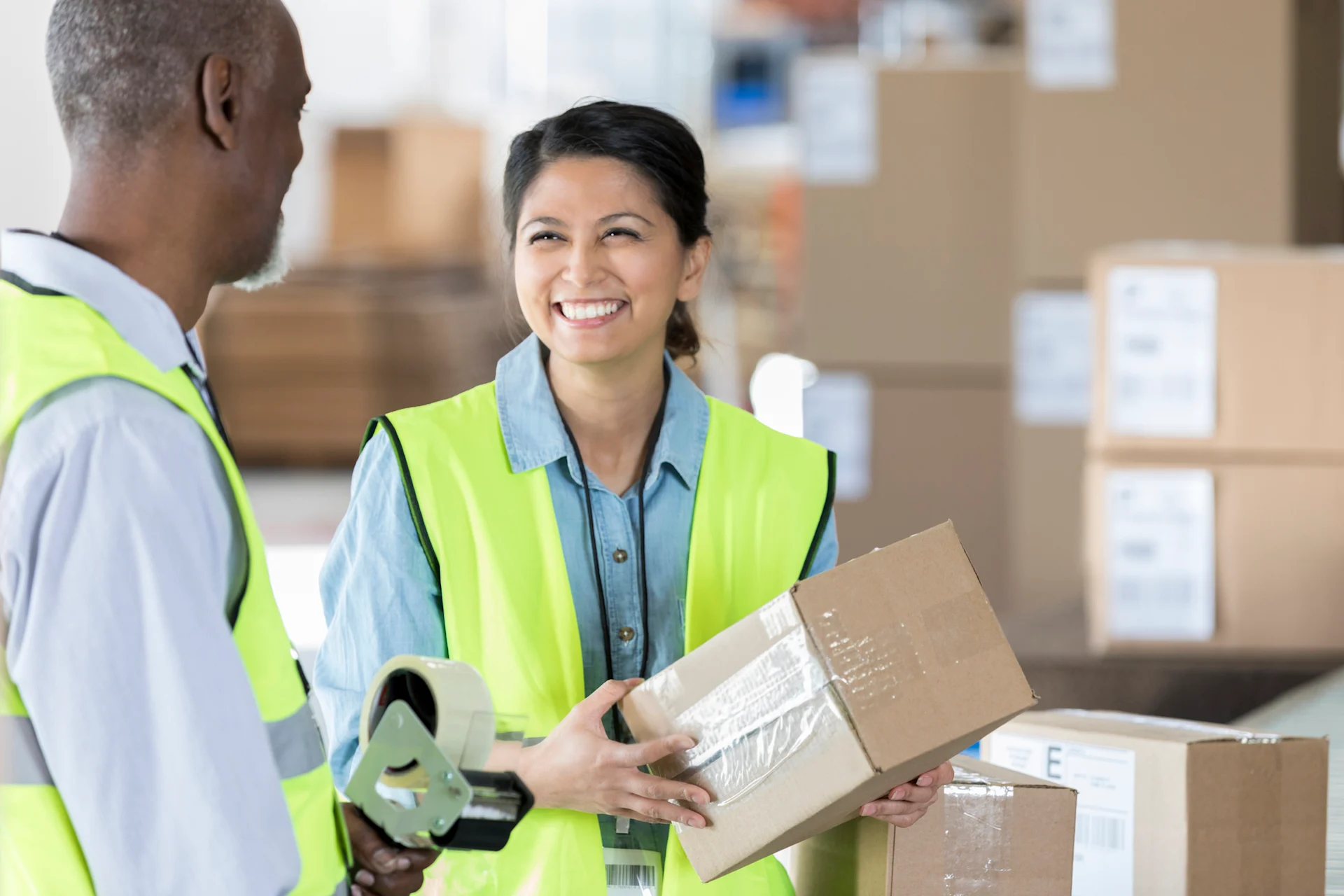 Two warehouse workers in high-visibility vests smiling and collaborating while handling a cardboard box and packing supplies, surrounded by stacked boxes in a distribution center.