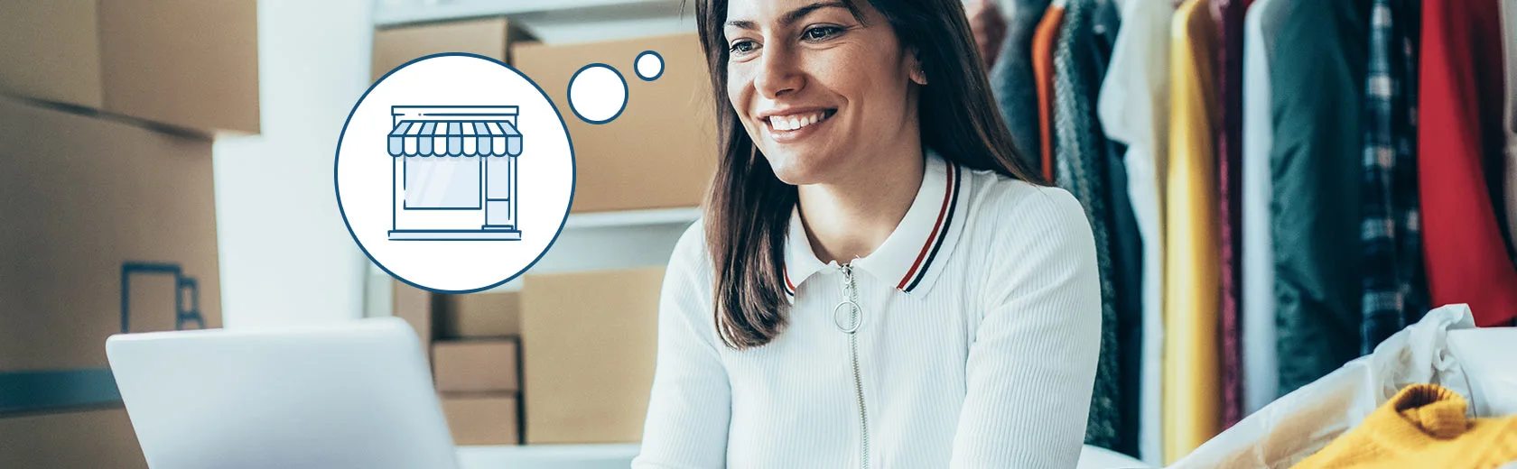 Woman smiling with drop shop icon and clothes in background