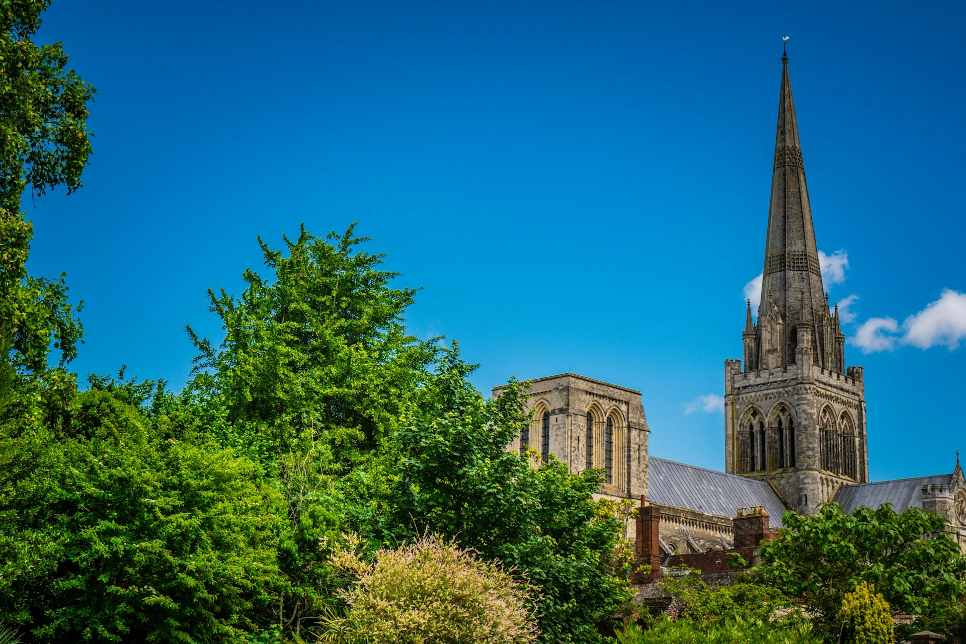 Chichester Cathedral and bright blue sky