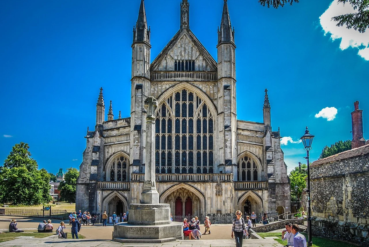 Front entrance to Winchester Cathedral, with blue skies