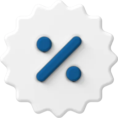 White badge with blue percentage in