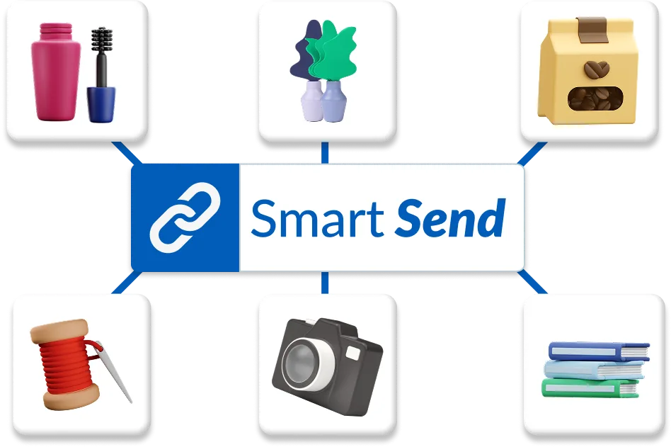 Smart Send logo with 6 commonly sold items surrounding it - a mascara, a plant, a coffee bag, a reel of thread, a camera, and some books