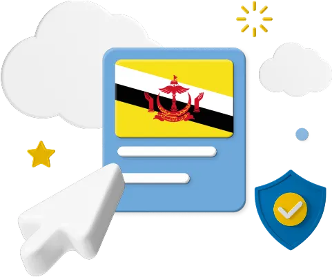 Brunei flag on web page surrounded by clouds and a badge graphic.