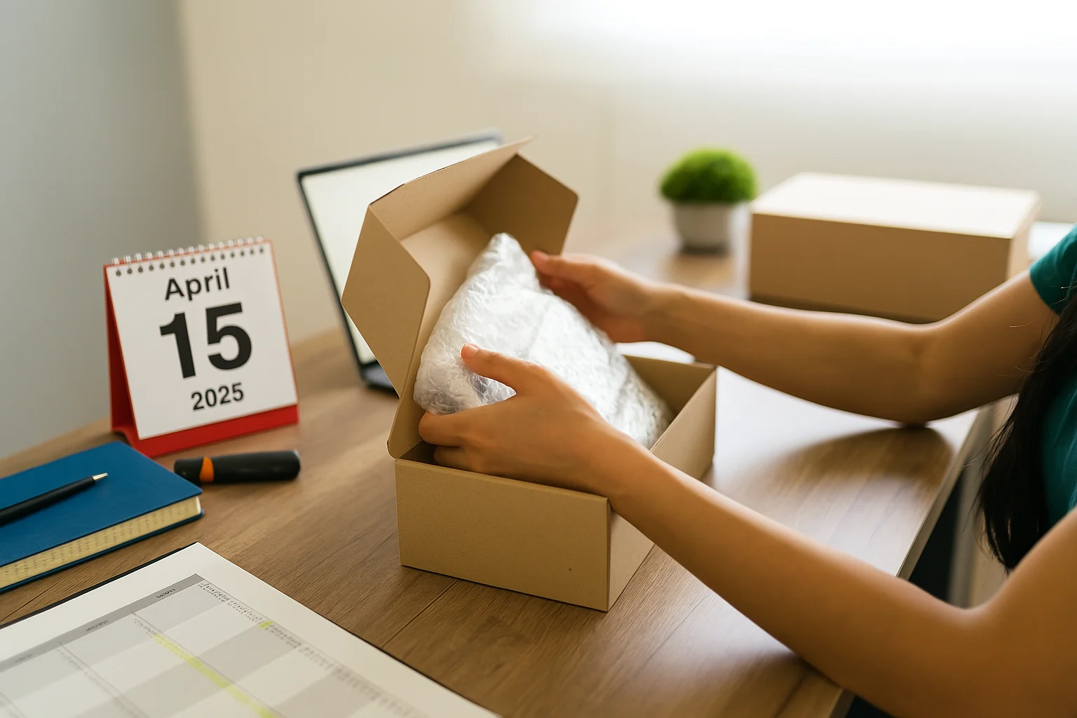 A desk with a laptop, boxes, labels, and a desk calendar stating 'April 15 2025'