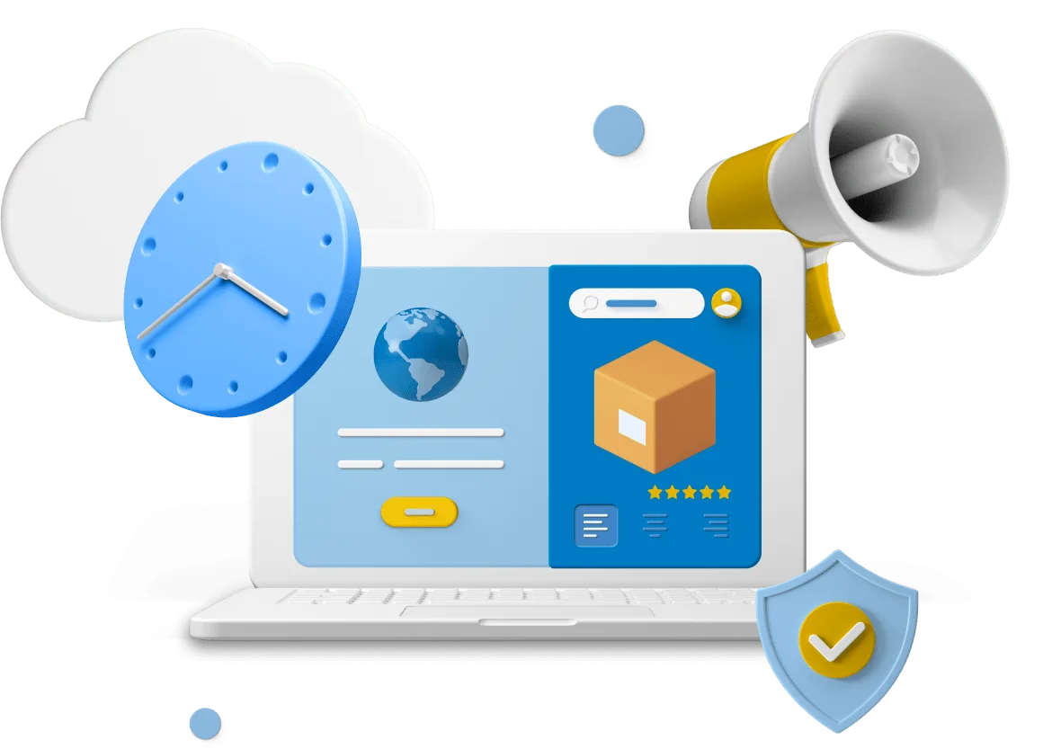 Laptop with clock and megaphone