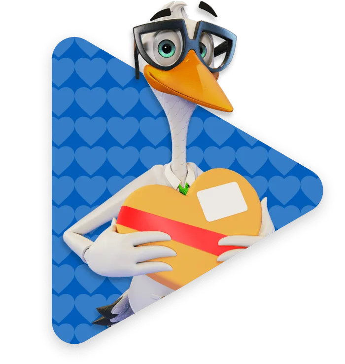 Sven Storkofferson, Parcel2Go's mascot, holding a heart-shaped box of chocolates