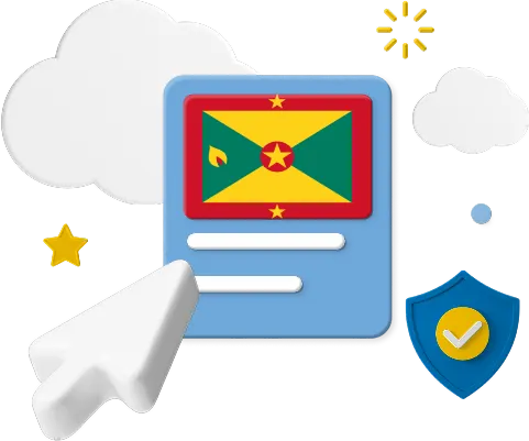 Grenada flag on web page surrounded by clouds and a badge graphic.