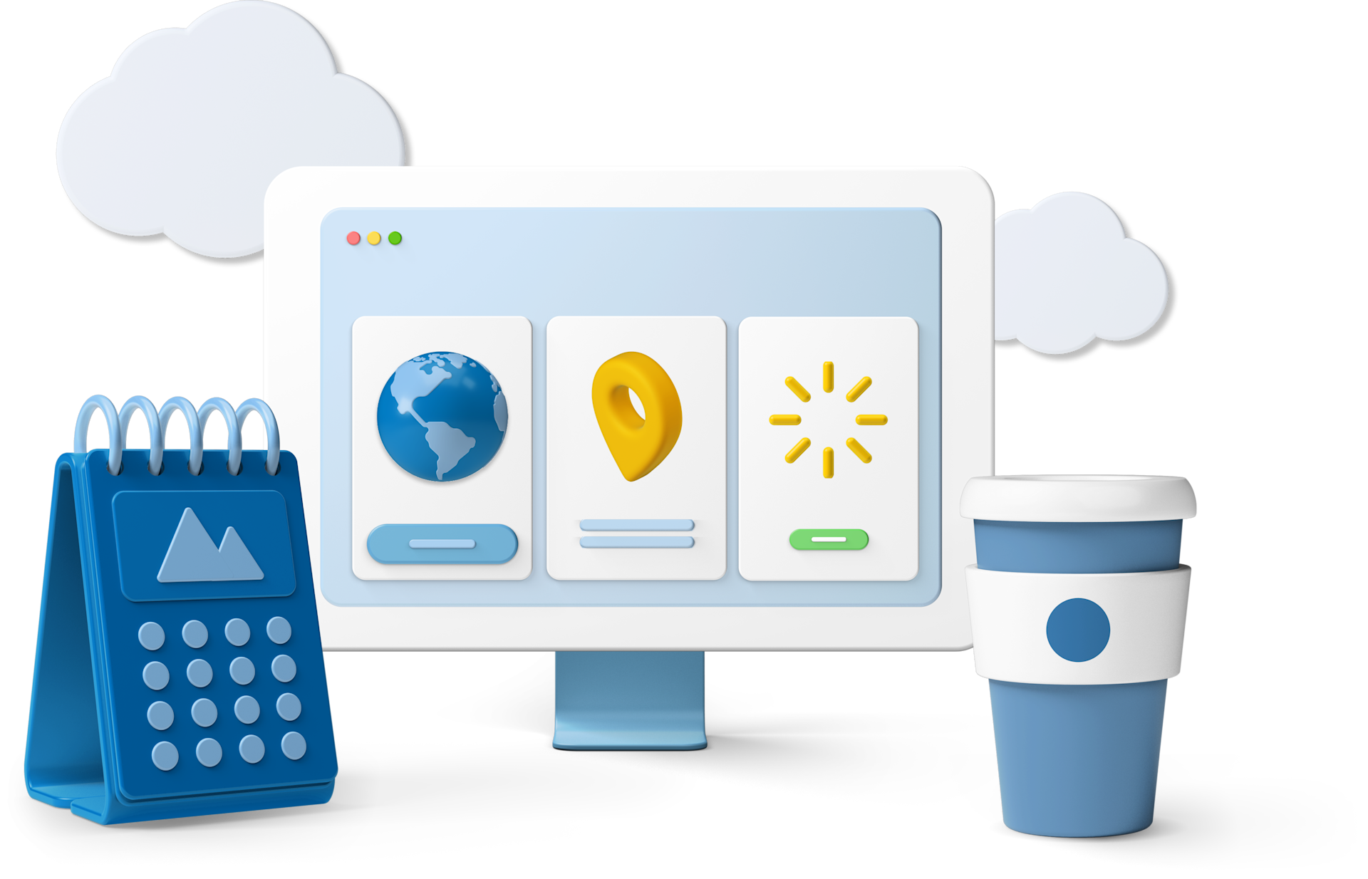 Computer screen with icons, calendar and coffee cup