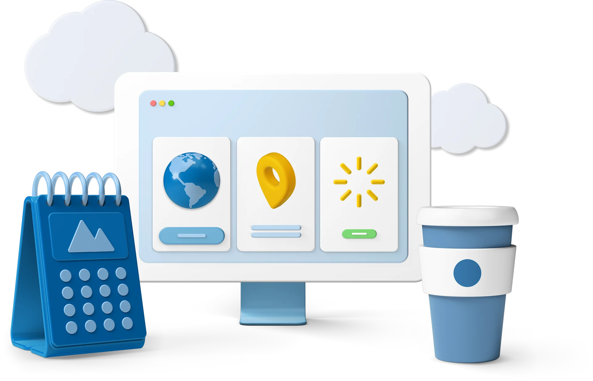 Computer screen with icons, calendar and coffee cup