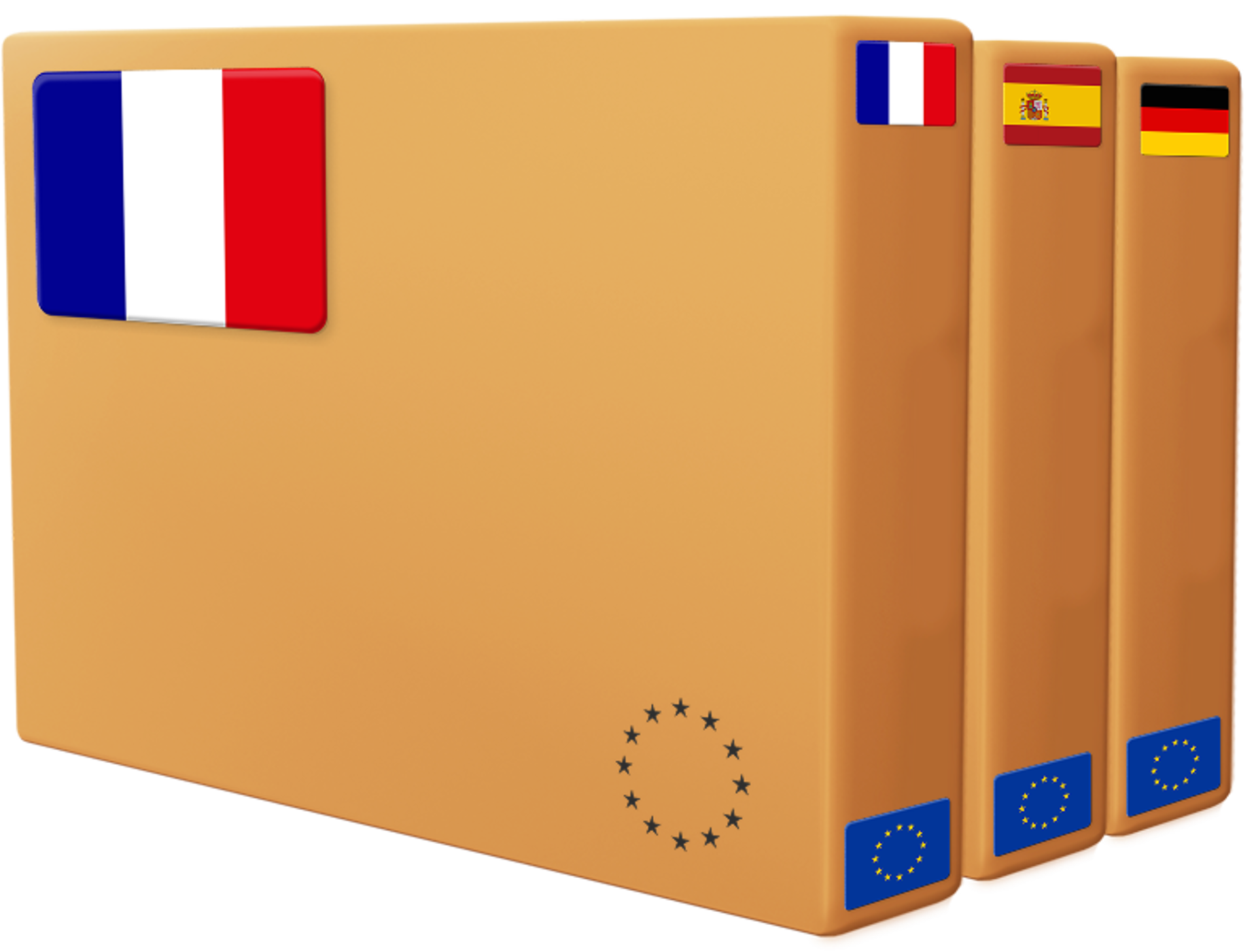 Stack of 3 parcel boxes with EU country flags labelled