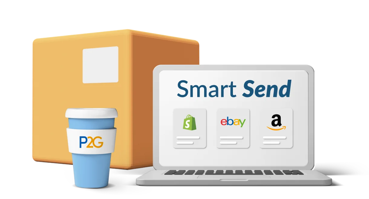 Laptop screen with marketplace logos alongside a coffee cup and box