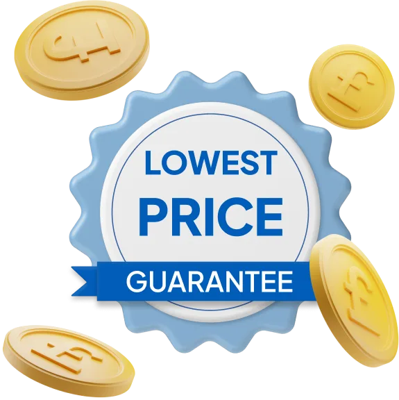 Badge with 'Lowest Price Guarantee' and coins