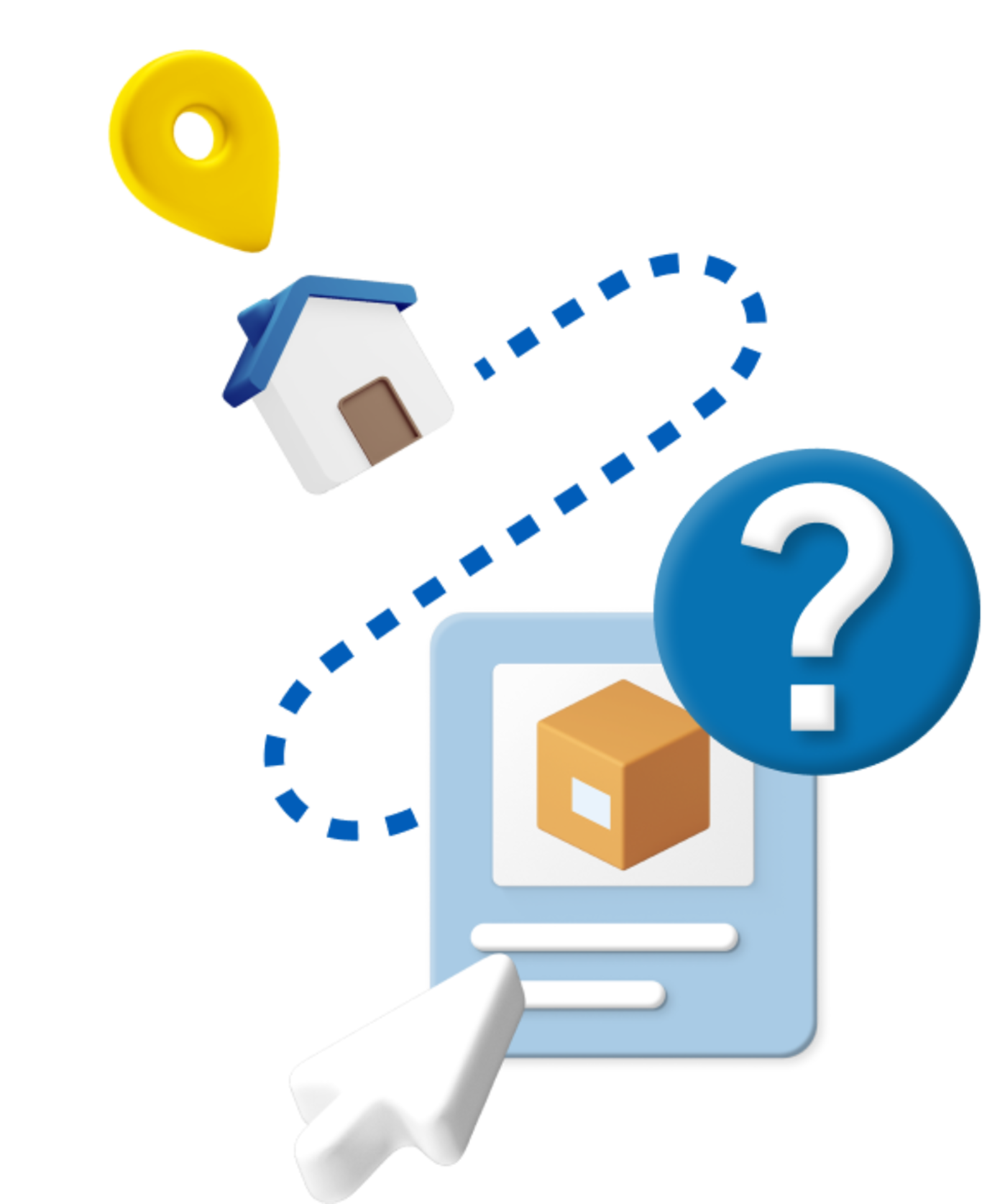 Box with cursor icon and question mark logo with a dotted line leading to a small animated house