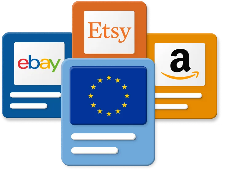 Various box graphics with popular marketplace logos attached