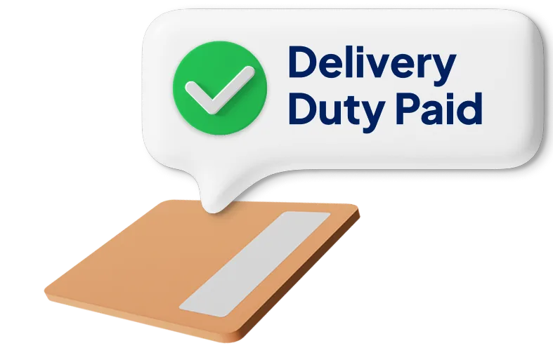 Letter graphic with Direct Duties Paid label attached