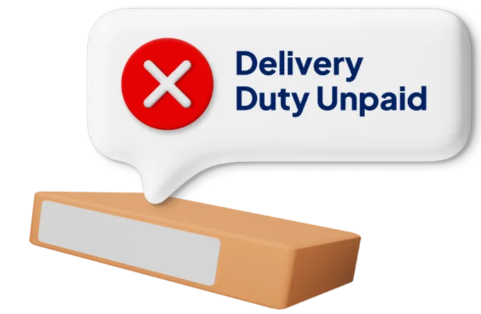 Box graphic with Delivery Duties Unpaid label attached
