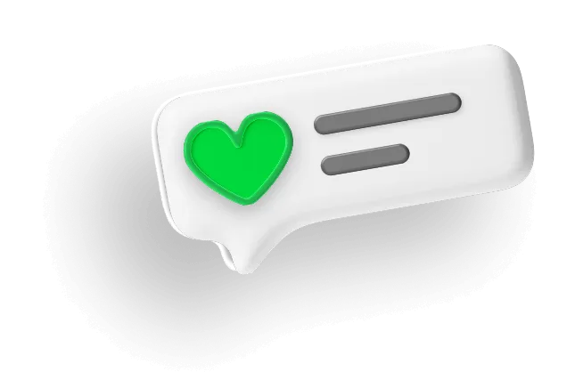Animated speech bubble containing 2 grey lines and a green heart