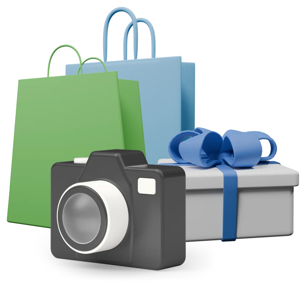 Graphic of camera, gifts and gift bags stacked next to each other.