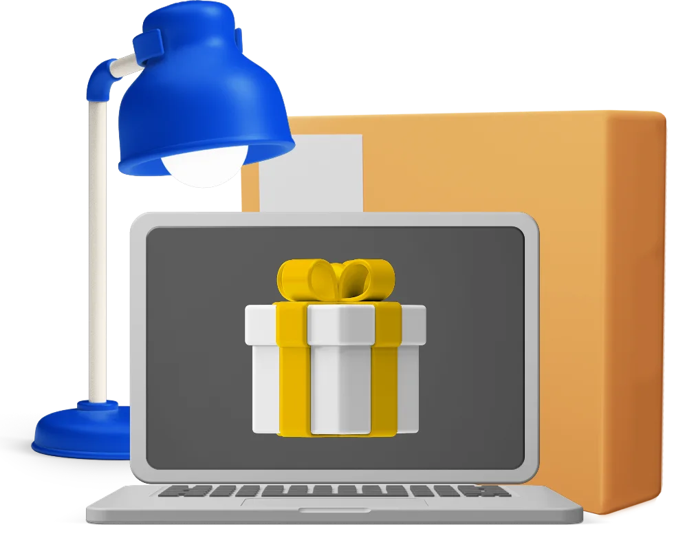 Gift box on laptop screen with parcel and lamp graphics in background