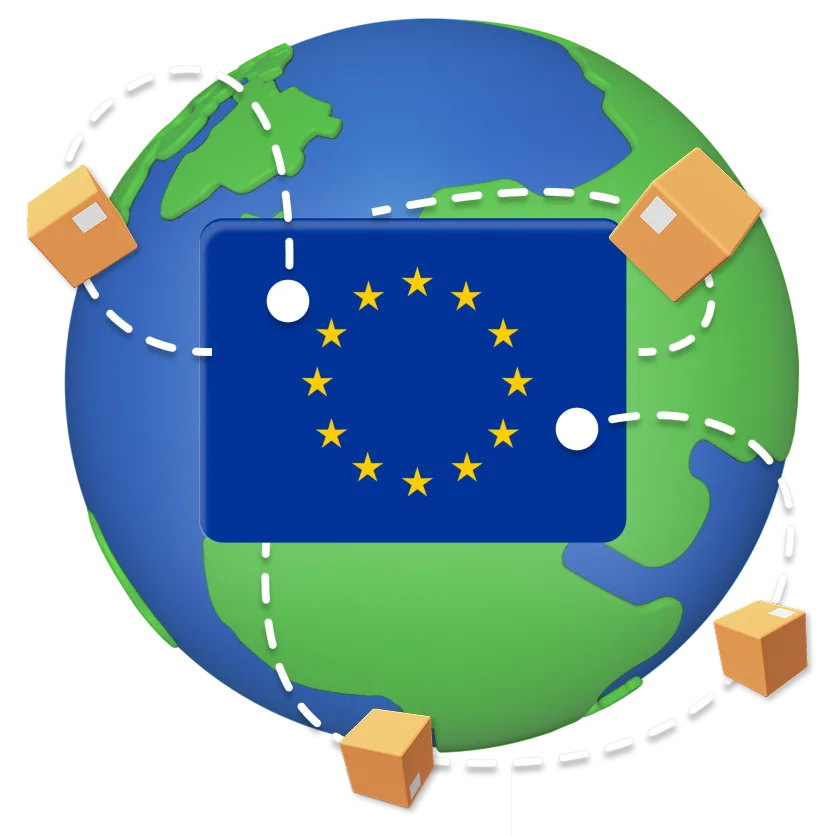Globe graphic with EU flag at the center. Parcel and tracking lines moving to the EU flag