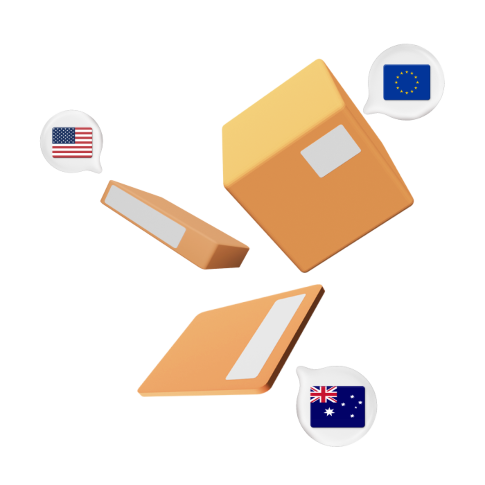 Stack of boxes and letters with country flag graphics