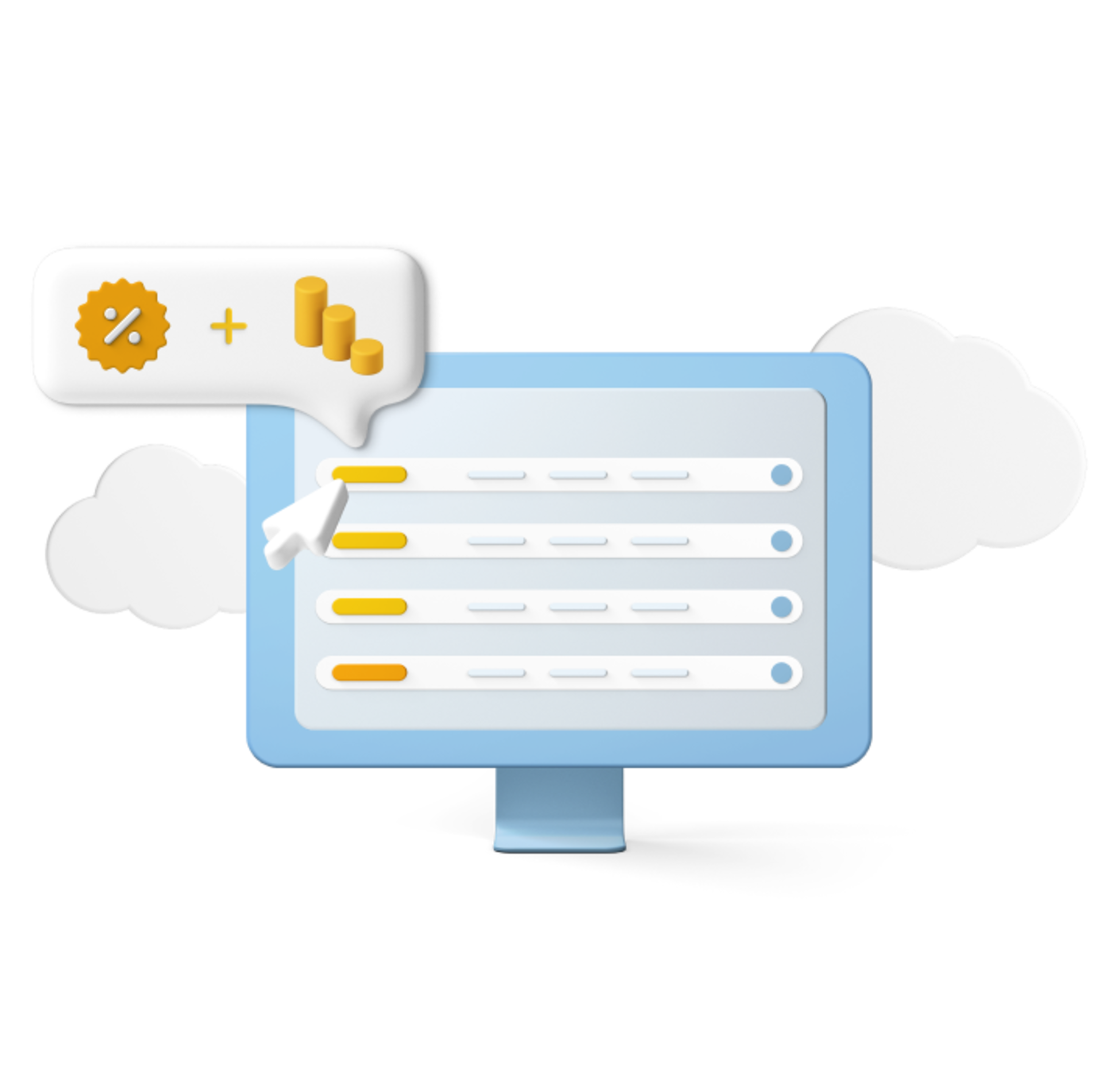 Graphic of computer screen with price and percentage icons