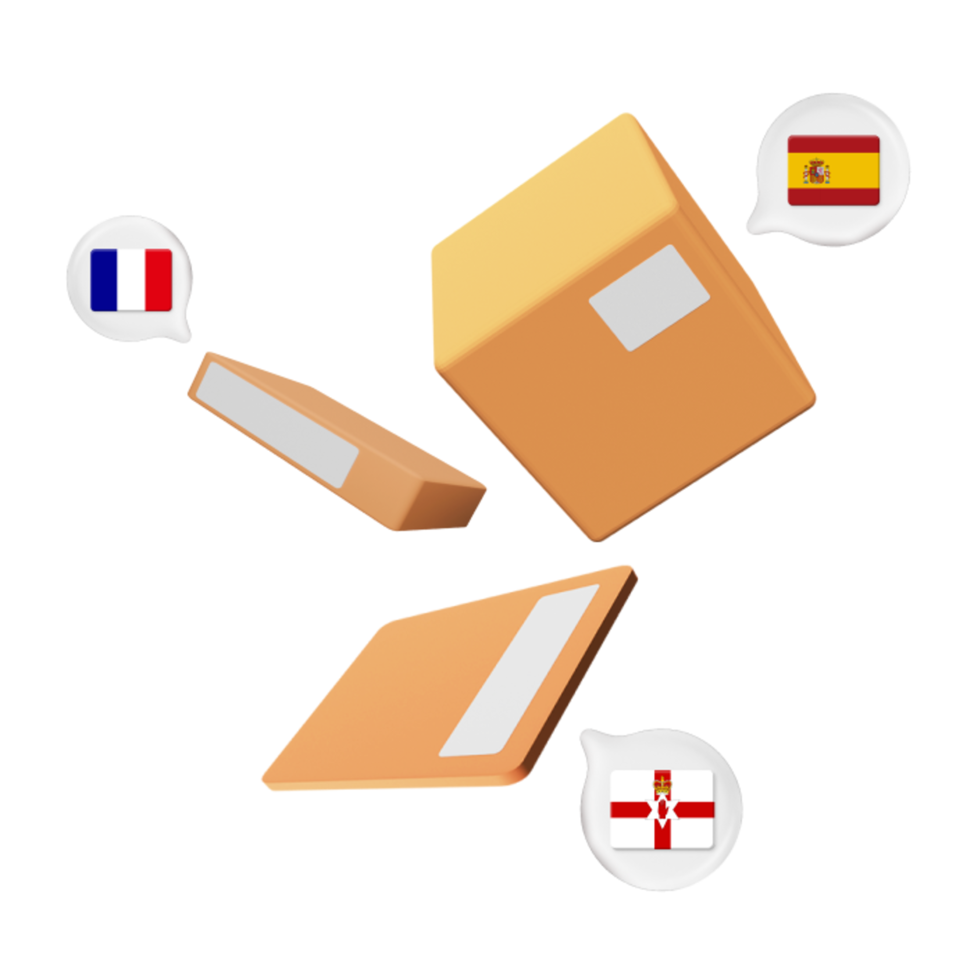 Stack of boxes with various European flags