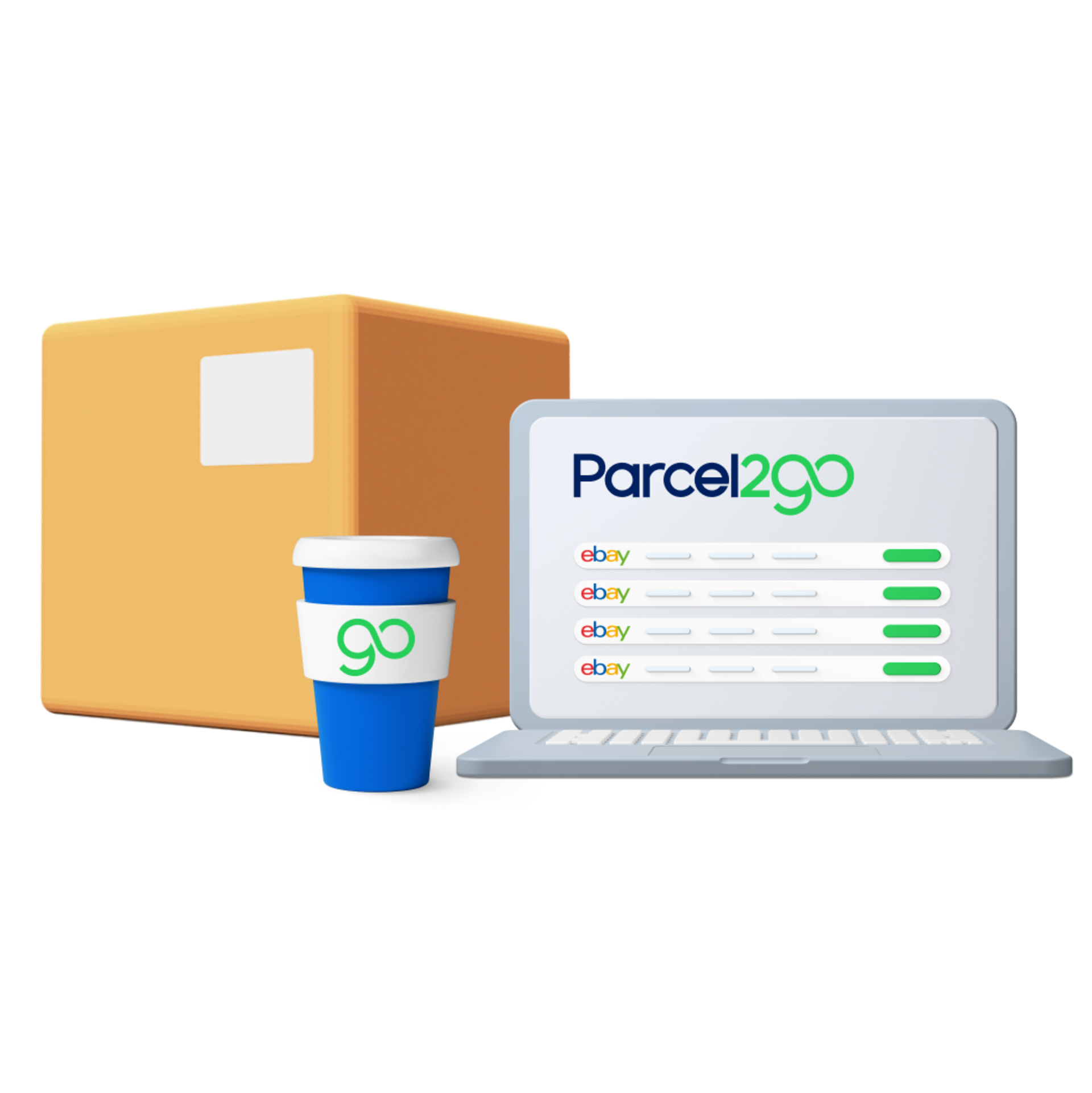 Animated box and laptop screen displaying Parcel2Go and eBay logos