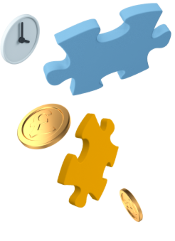 Jigsaw piece, coins and clock