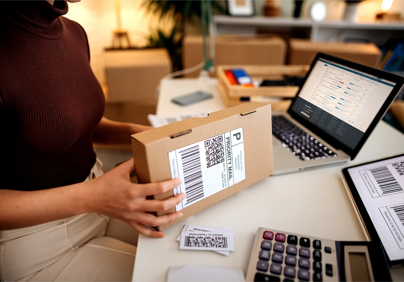 Parcel with shipping label attached on desk with laptop
