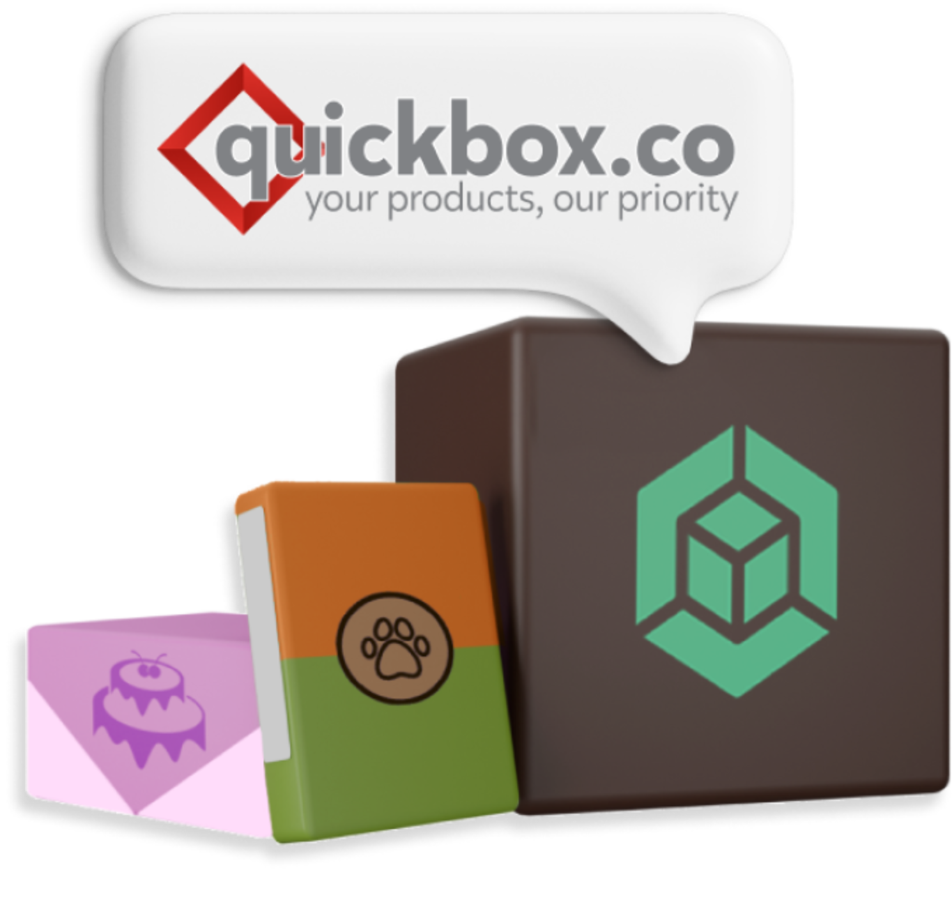 Different coloured boxes with animated logos on and a speech bubble above reading 'Quickbox.co - your products, our priority'