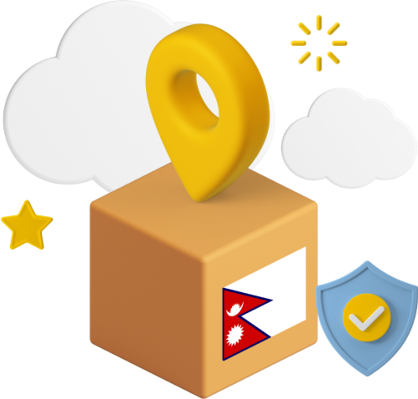 Nepal flag on parcel graphic with cloud and icons