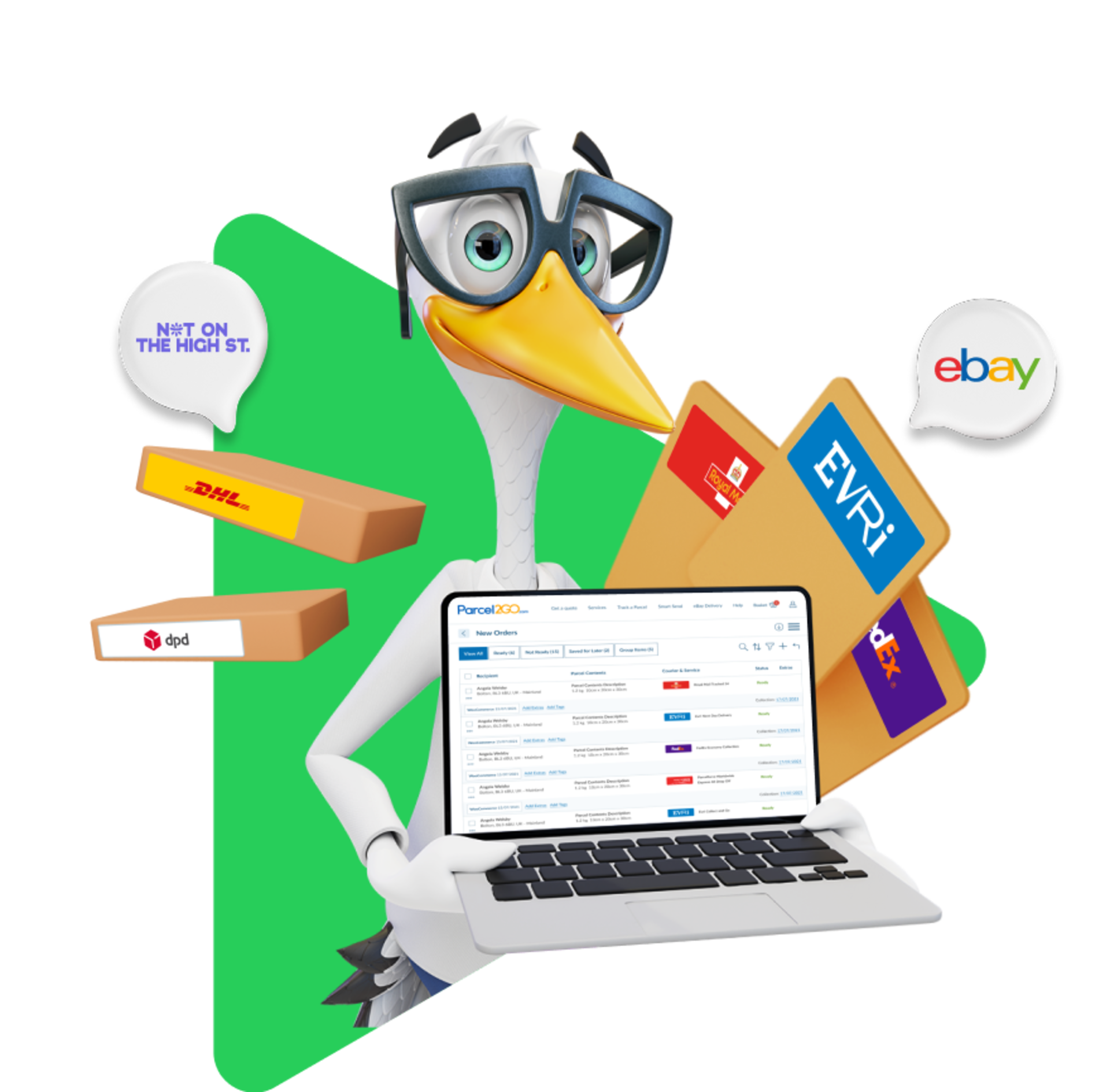 Sven the Stork holding a laptop surrounded by packaged with different courier logos on