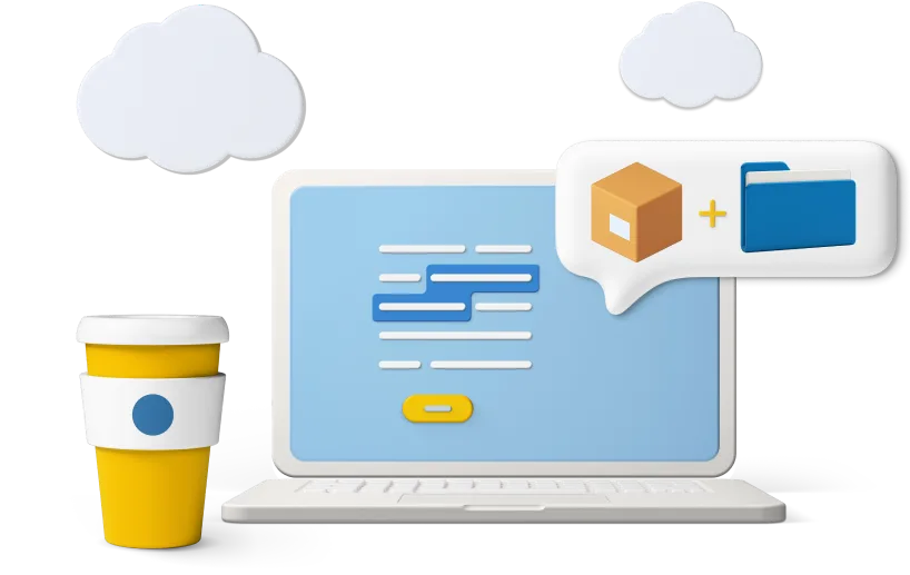 Laptop with coffee cup and speech bubble