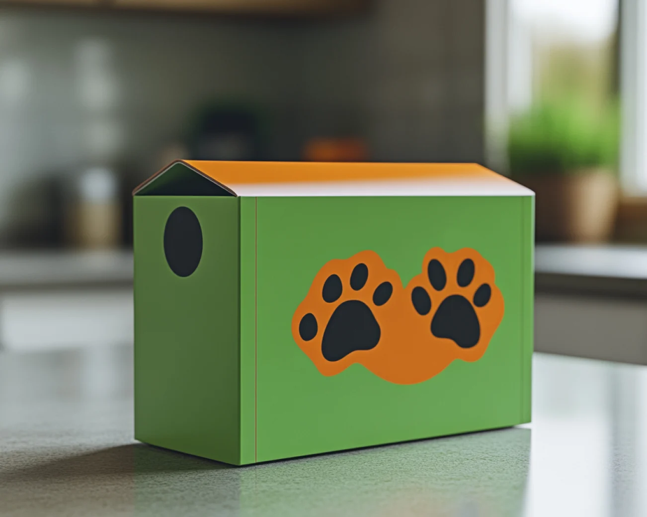 Green and orange branded box with dog paws on it 