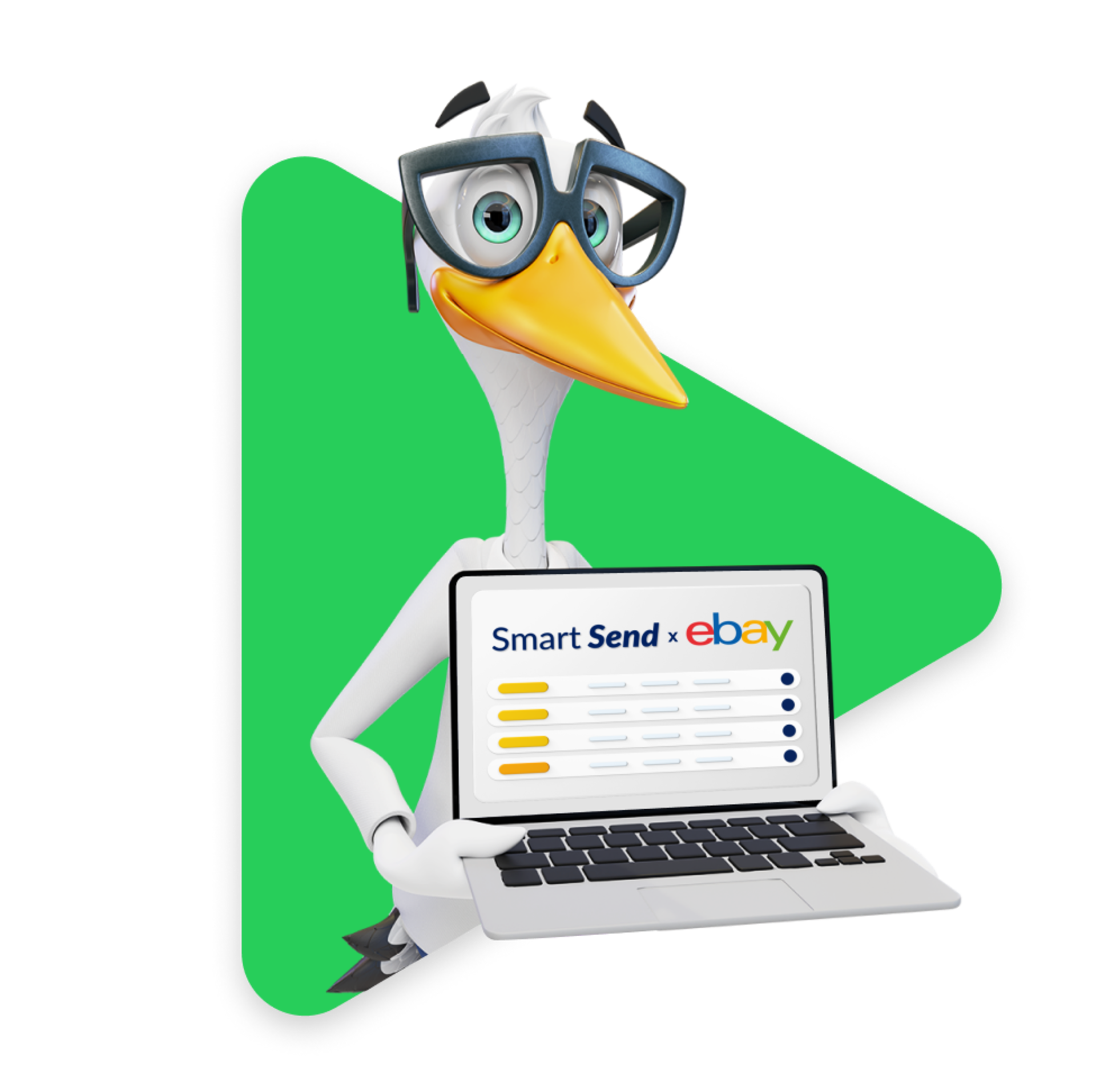 Sven the Stork holding a laptop with 'Smart Send x eBay' on the screen