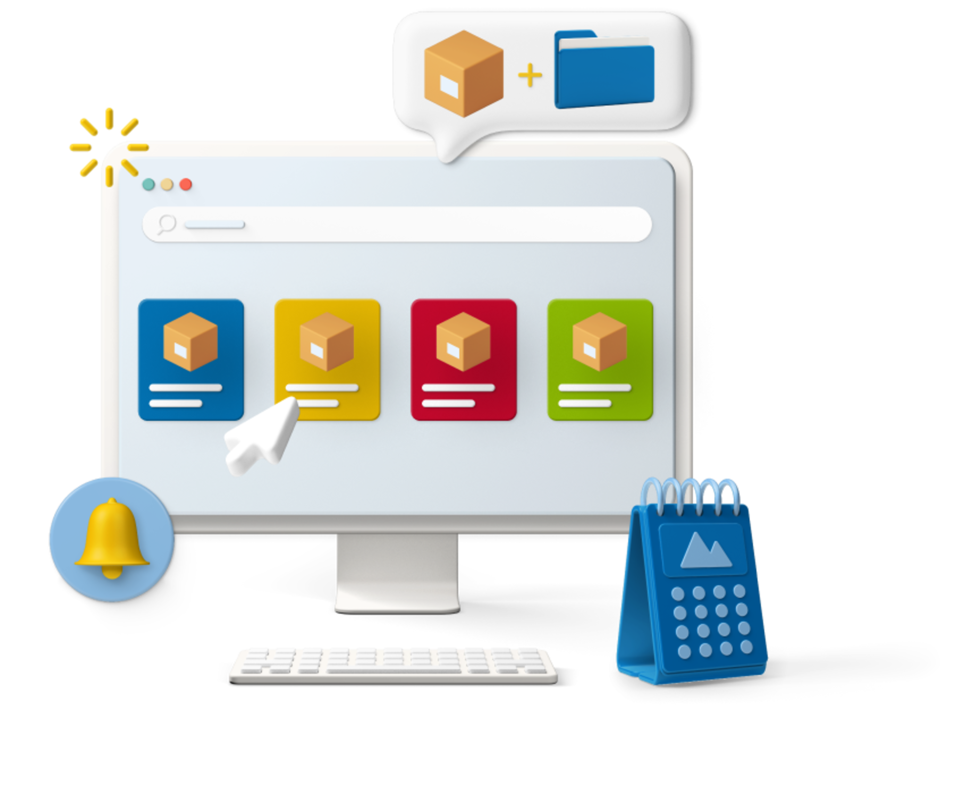 Animated computer screen displaying different coloured boxes