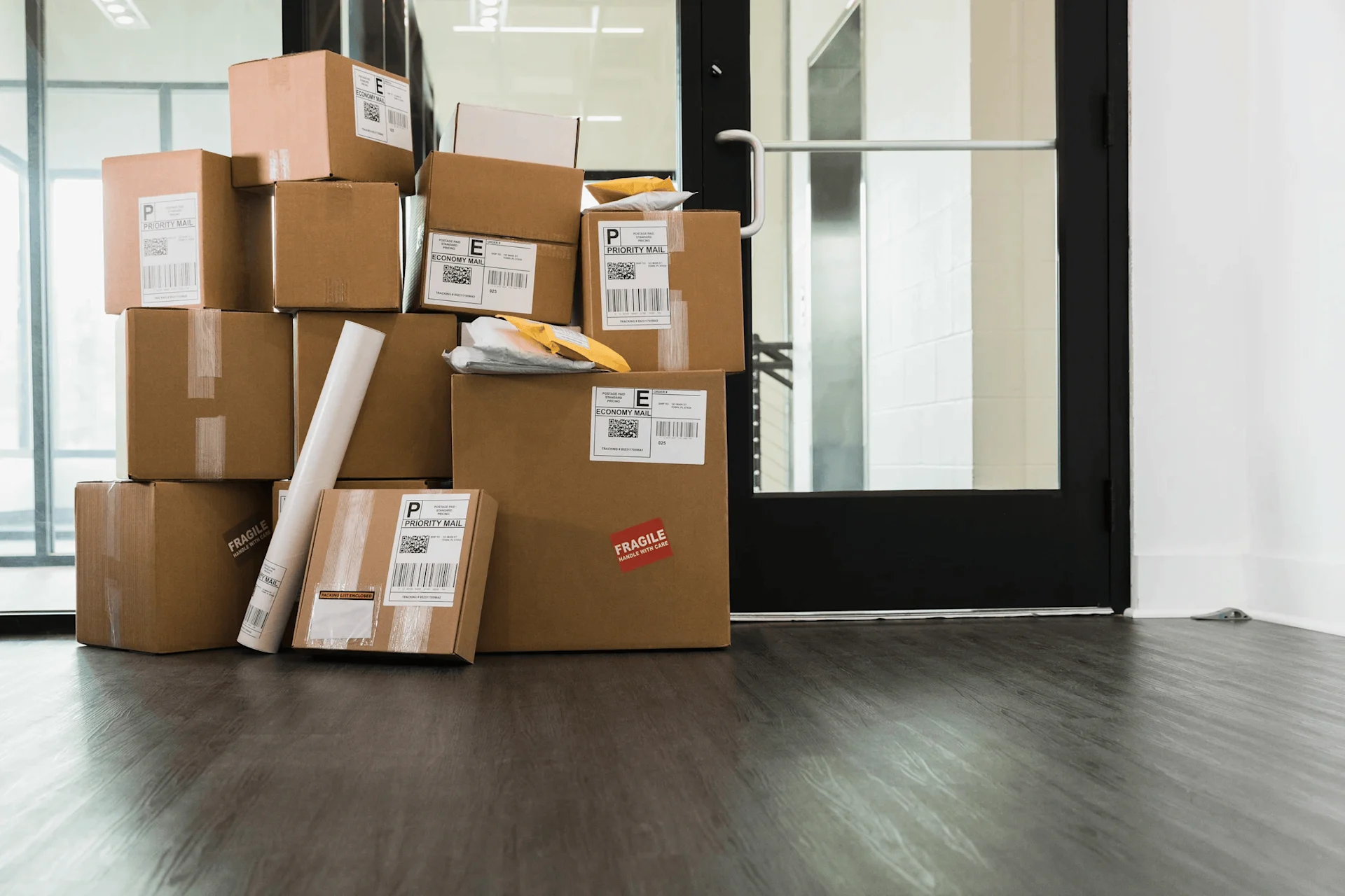 stack of parcels in front of door