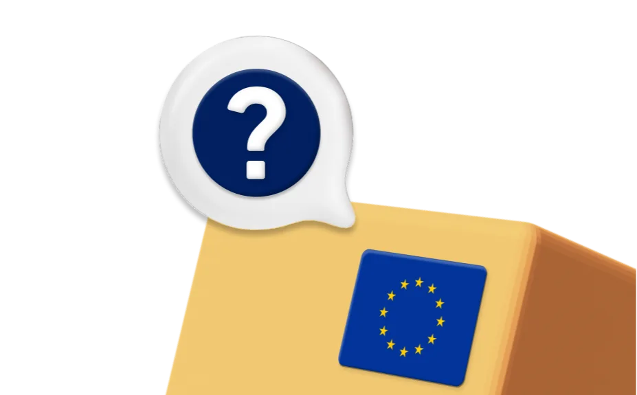 Parcel box with EU flag and question mark label